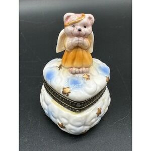 Vintage Porcelain Trinket Box Angel Bear‎ On Cloud Heart Shape Hinged Lid